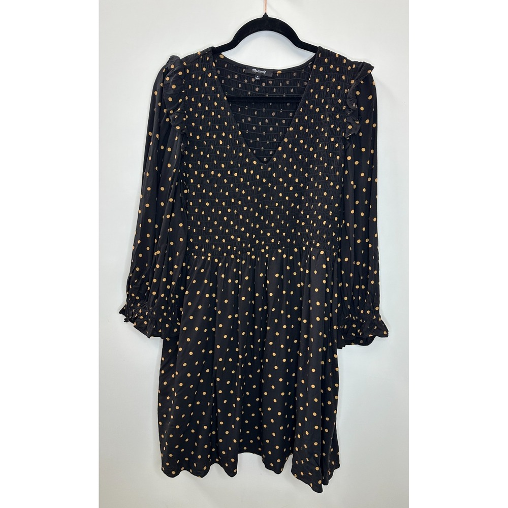 Madewell Lucie V-Neck Smocked Mini Dress Oval Dot Black Tan ND043 Size Medium - Picture 15 of 16